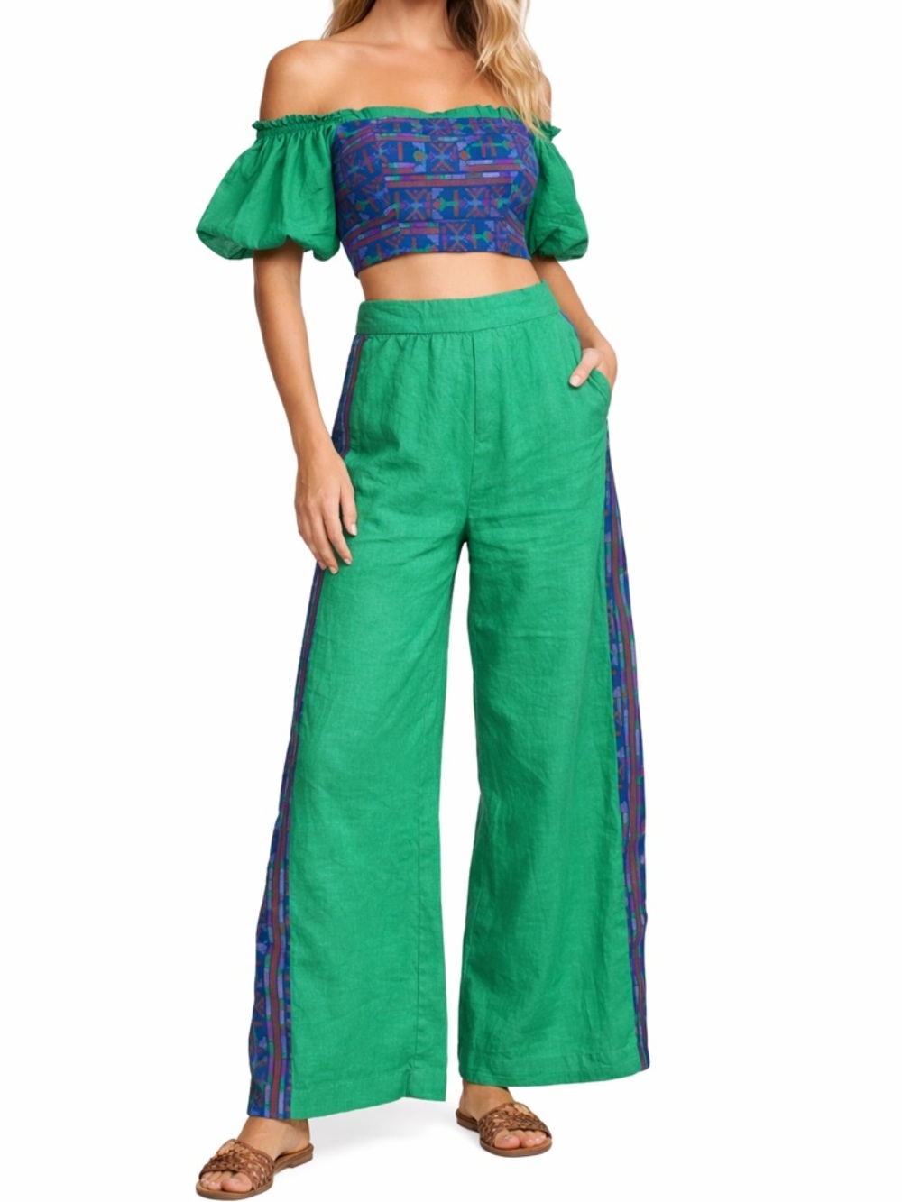 Rachel Zoe Green Wide-Leg Pants with Blue Patterned Side Trim
